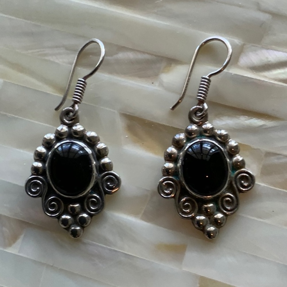 MWS Earrings Sterling 925 Onyx Dangle and Drop Earrings With Fishhook Backing
